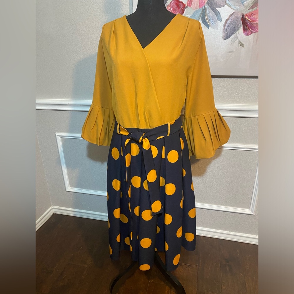 Mustard Yellow & Navy Blue Dress || See description for measurements